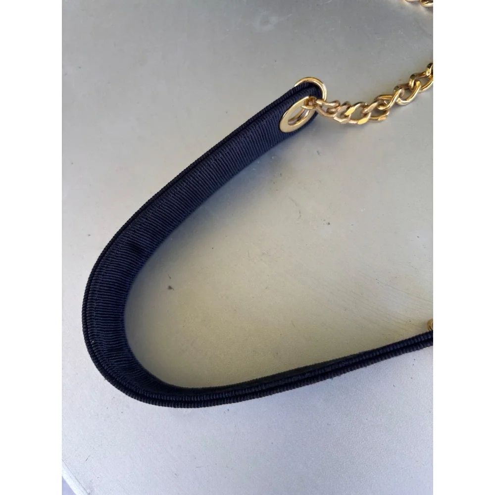 Inge Christopher Navy Blue Woven Ribbon Shoulder Bag Gold Chain Strap